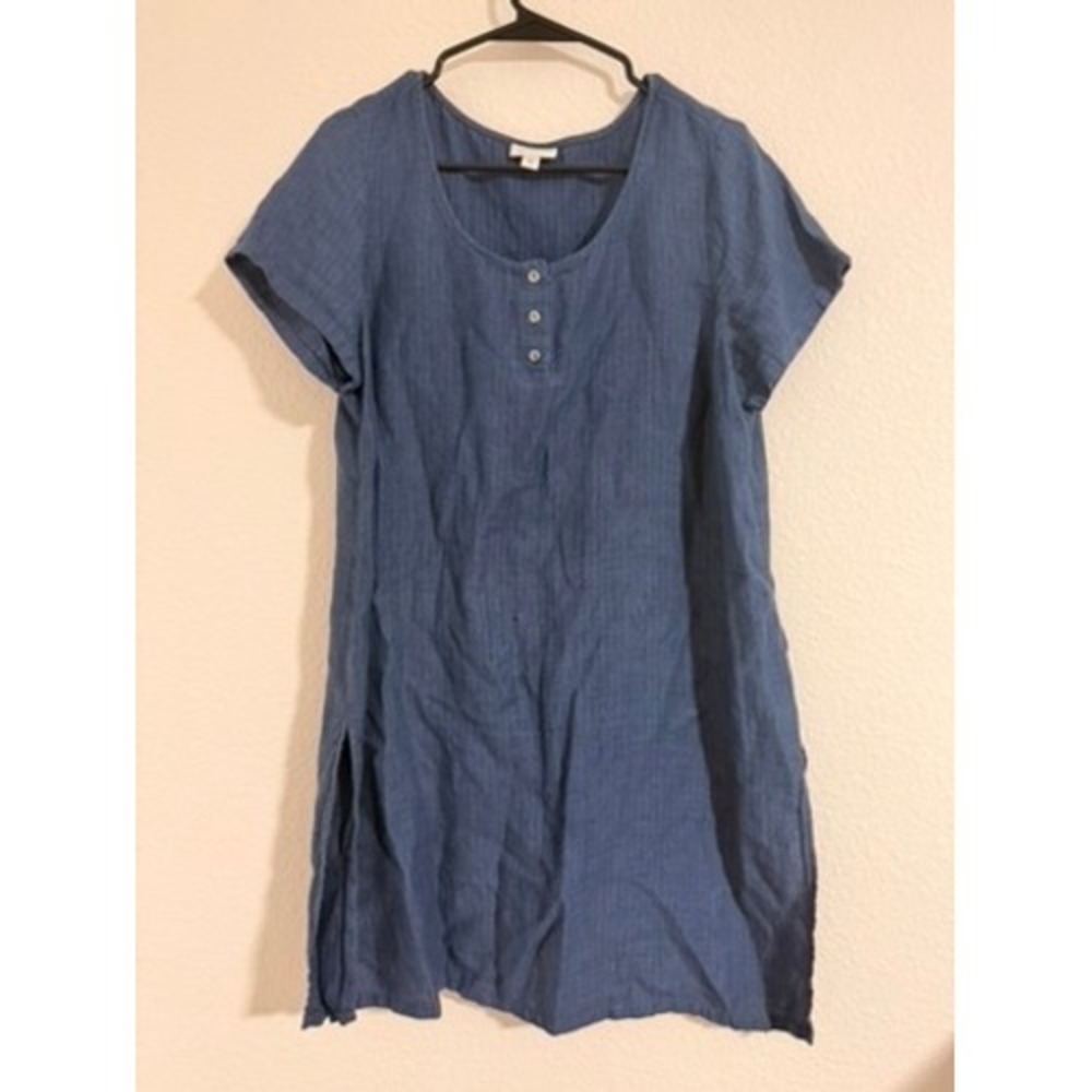 Pure J. Jill Blue 100% Linen Henley Shift Dress Short Sleeve Size M Casual Cozy